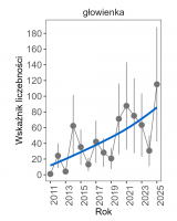 Wykres przedstawia linię trendu wskaźnika liczebności: silny wzrost, dla głowienki. Na osi X podane są lata (2011-2025), a na osi Y - zakres wartości wskaźnika liczebności.