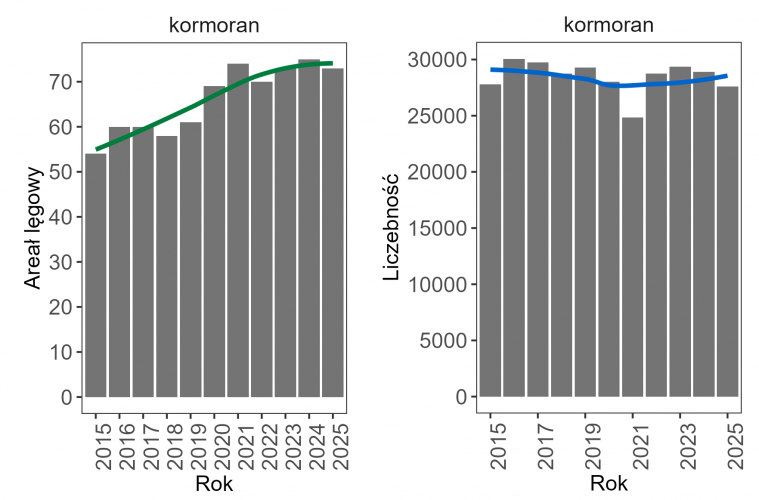 Wykresy przedstawiające areał lęgowy (po prawej) oraz liczebność (po lewej) kormorana – dane zebrane w ramach MKO w latach 2015–2025