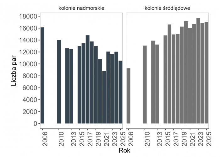 Zmiany liczebności kormorana w koloniach położonych do 10 km od linii wybrzeża morskiego oraz w pozostałej części kraju w wybranych latach. Dane od roku 2015 zebrano w ramach MKO, pozostałe dane Bzoma 2011, Bzoma i in. 2013, Krzywosz i Traczuk 2013, Bzoma