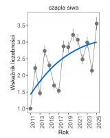 Wykres przedstawia linię trendu wskaźnika liczebności: umiarkowany wzrost, dla czapli siwej. Na osi X podane są lata (2011-2025), a na osi Y - zakres wartości wskaźnika liczebności.
