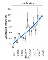 Wykres przedstawia linię trendu wskaźnika liczebności: silny wzrost, dla czapli siwej. Na osi X podane są lata (2011-2025), a na osi Y - zakres wartości wskaźnika liczebności.