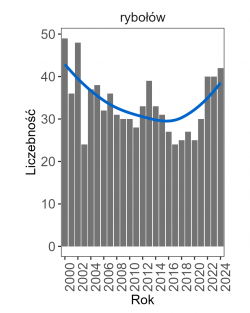 Wykres przedstawia zmiany liczebności wraz z linią trendu (kategoria trendu: stabilny) dla rybołowa. Na osi X podane są lata (2000-2024), a na osi Y - zakres wartości liczebności.