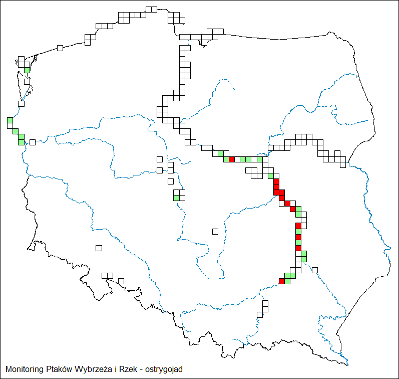 Większość kwadratów znajduje się w dolinie środkowej Wisły oraz dolinie dolnej Odry.