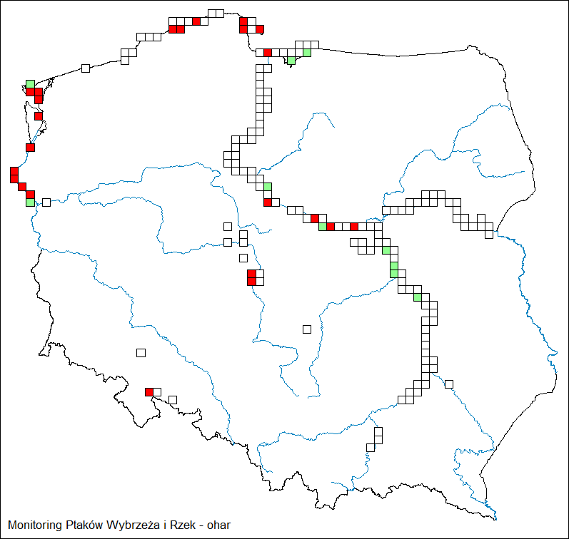 Większość kwadratów znajduje się w dolinie dolnej Odry, na Zalewie Szczecińskim, w dolinie środkowej Wisły oraz na Zatoce Puckiej.